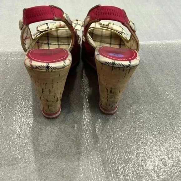 [8B]Coach Twirlino Twirling Open Toe Cork Wedges Bow  Detail Pink Plaid - Picture 6 of 10